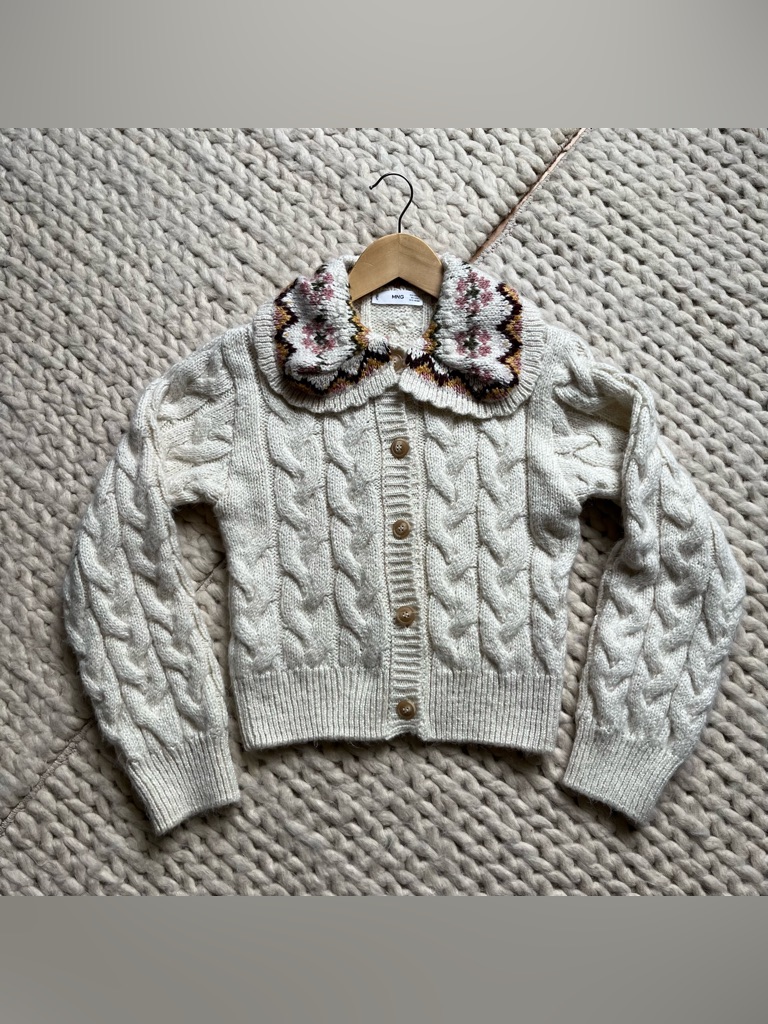 Mng Cable Knit Cream Cardigan With Floral Peter Pan Collar | Xsmall